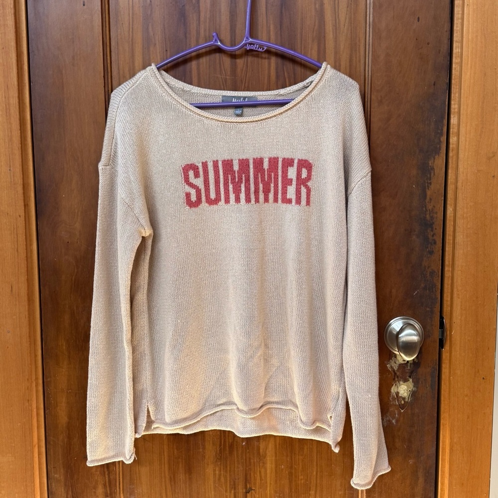 “SUMMER” light pink with hot pink text, Women’s Lightweight Cotton Sweater (L)